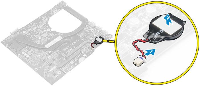 c sestava pevného disku d klávesnice e opěrka rukou f základní deska 3 Postup vyjmutí knoflíkové baterie: a Odpojte kabel knoflíkové baterie od konektoru na základní desce.