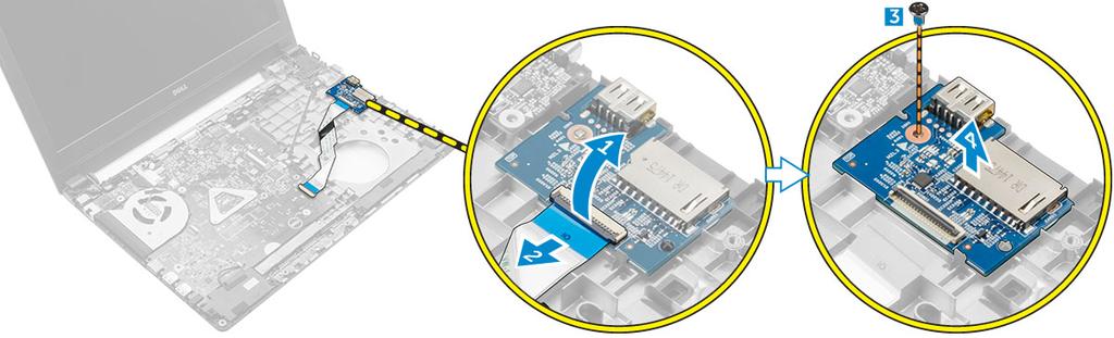 Montáž panelu USB 1 Vložte panel USB do slotu v počítači. 2 Utáhněte šroub, který připevňuje desku USB k počítači. 3 Připojte kabel desky USB do konektoru na desce USB.