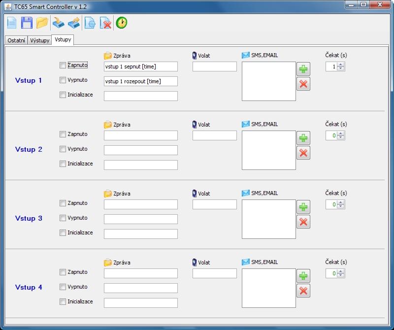 NASTAVENÍ PARAMETRŮ ZÁLOŽKA VSTUPY TC65i Smart Controller Rel.2 disponuje čtyřmi vstupy. Záložka Vstupy umožňuje nastavení reakcí (prozvonění, SMS nebo e-mail) Vstupu 1 až 4.