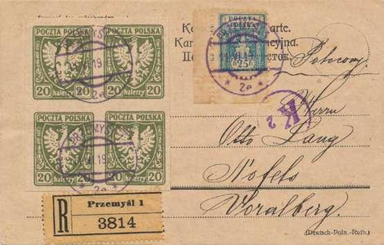 1.2, Syrena 180, str.5) byl tarif za dopisnici poslanou do zahraničí ke dni expedice zásilky (od 25.2.1919 do 1.10.1919) 30 hal., příplatek DOPORUČENĚ 25 hal. Celkem tedy 55 hal.