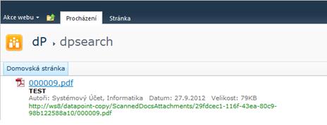 a. Postup: Použijte plnotextové vyhledávání, které je dostupné z Domovské stránky aplikace dp. Do vyhledávacího pole zadejte název: 0009.pdf a spusťte hledání pomocí ikony lupy. b.