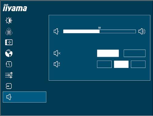 Nastavení audio Audio Settings Regulace obrazu Hlasitost ProLite B2791QSU Nastavení barev OSD Nastavení Jazyk Ticho Vypnout Zapnout Reset Audio vstup HDMI DP LINE-IN Různé Volba vstupů Nastavení