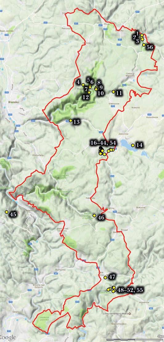 IV. OBRAZOVÁ PŘÍLOHA Obr. 4. Mapa navštívených lokalit s vyznačenou hranicí CHKO Moravský kras. Zdroje: https://earth.google.com, www.mapy.nature.cz ze dne 7. 3. 2017.