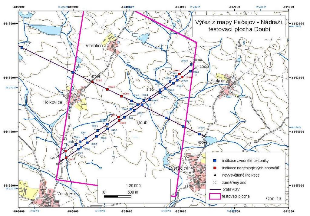 Obr. 4.1-5 Pačejov Nádraží - Situace testovací plochy Doubí Kopie přílohy z geofyzikální zprávy (Bárta, Tesař, Dostál 2004b). V databázi SÚRAO je dostupné i větší měřítko podkladu. 4.1.3.