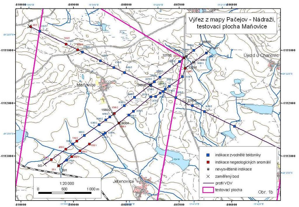 Na testovací ploše Maňovice byly zaregistrovány indikace pravděpodobné mineralizace, a to v následujících místech: gf. metráž Obr. 4.