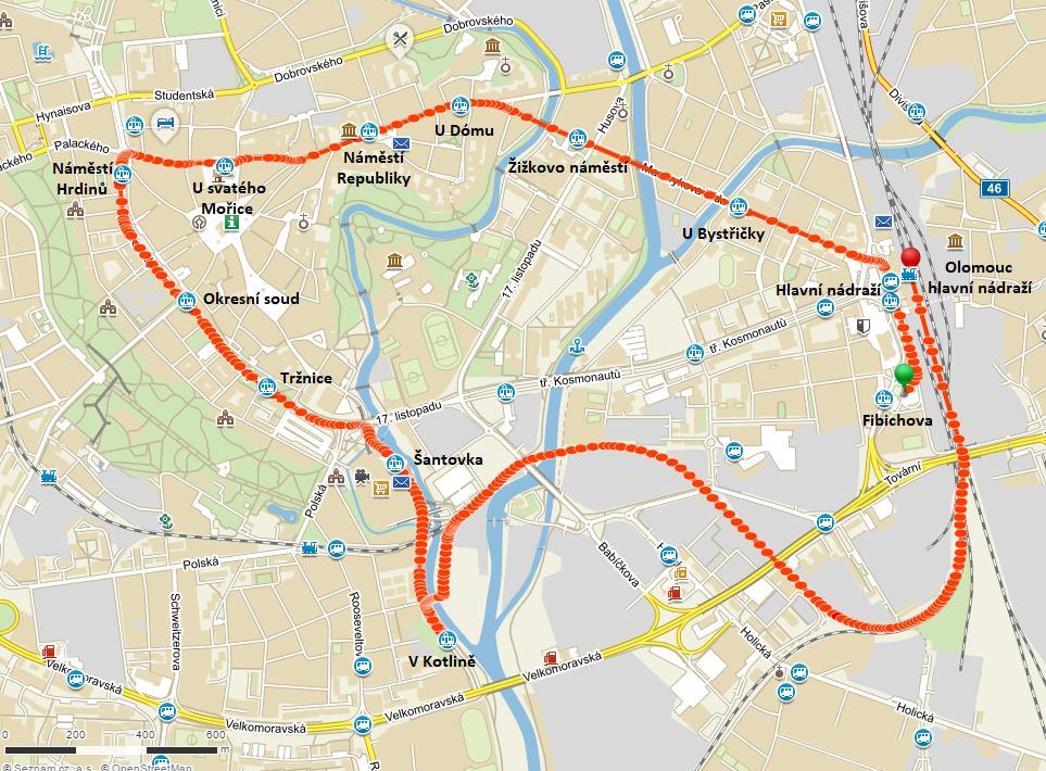 Na obrázku 28 lze vidět trasu linky vedenou uvnitř města od zastávky Fibichova po Olomouc hlavní nádraží.