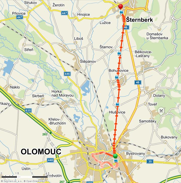3.2.10 Trasa Olomouc Šternberk (TT2) Druhá navrhovaná vlakotramvajová linka, která povede na trase Olomouc Šternberk, bude nést název TT2 (tram-train 2).