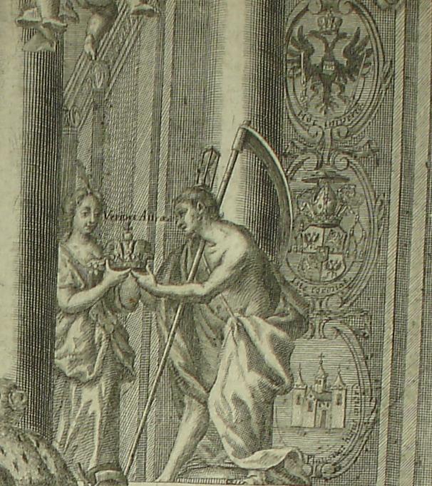 Saturn a Astreia přenášejí vladařskou korunu na Svaté Hory Pannu (detail), leptaný mědiryt