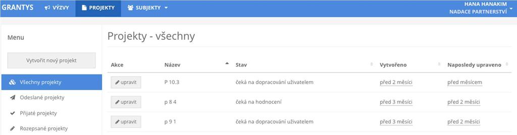 Pomocí levého menu si můžete vyfiltrovat projekty podle jejich aktuálního stavu. Po kliknutí na řádek projektu se vám zobrazí celý projekt.