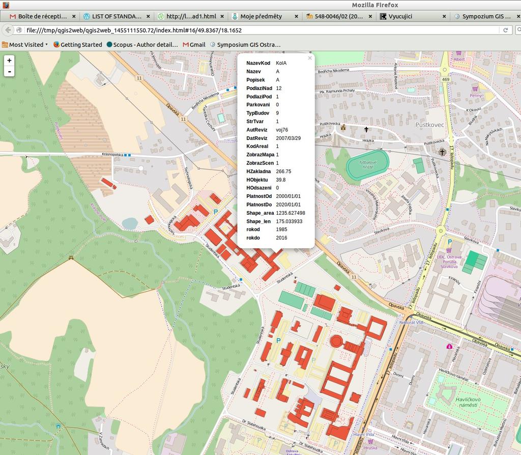 Obr. 3. Projekt v prostředí WWW prohlížeče Do prostředí prohlížeče se exportují vektorová data do formátu GeoJSON, a je tedy možné I zobrazovat atributy objektů nebo vyhledávat v datech.