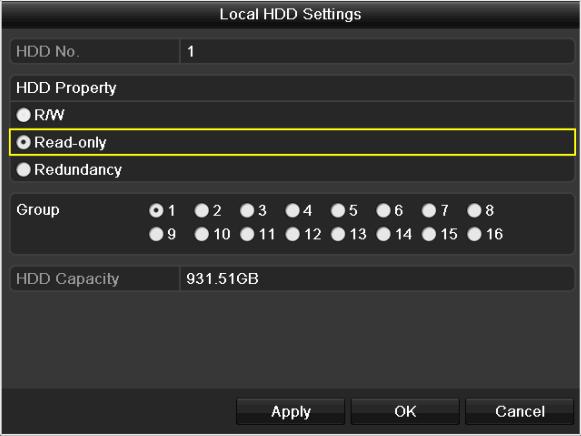 Obrázek 5 34 Pevný disk obecné, úpravy Krok 3: Nastavte HDD property na hodnotu Read-only. Krok 4: Kliknutím na tlačítko OK uložte nastavení a přejděte zpět do nabídky o úroveň výš.