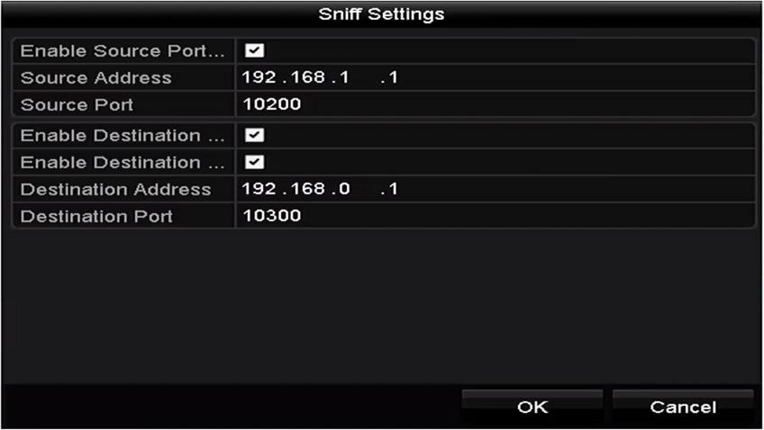 Připojení Sniff Připojte DVR a zařízení POS přes Sniff. Nakonfigurujte nastavení adresy zdroje a adresy cíle.