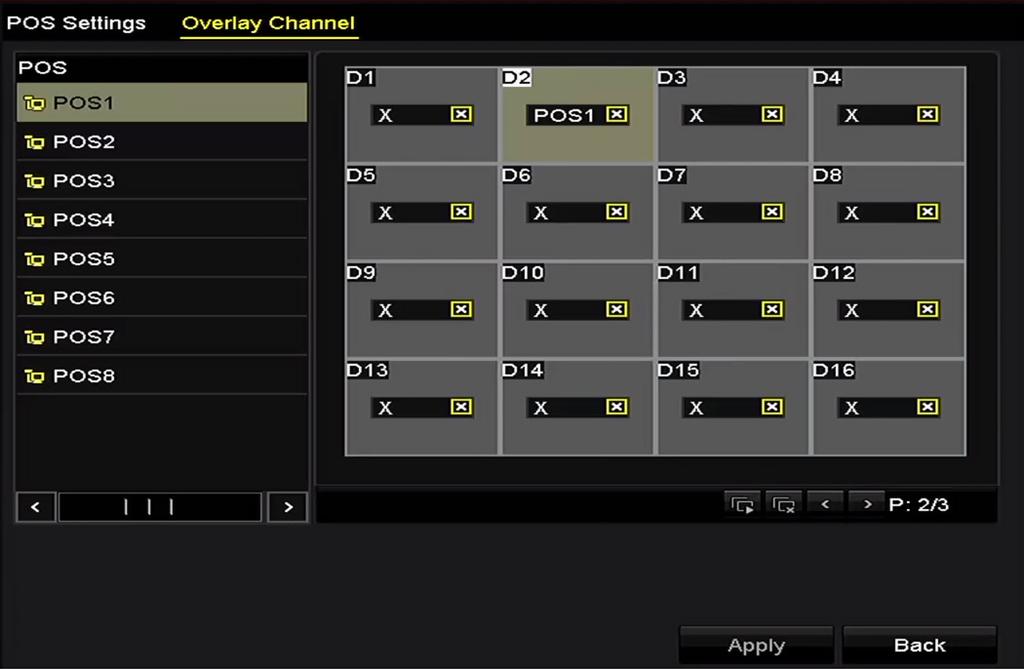 Menu > Configuration > POS > Overlay Channel Krok 2: Klikněte pro vybrání analogové kamery nebo IP kamery ze seznamu kamer v pravé části a poté klepněte na položku POS ze seznamu POS,
