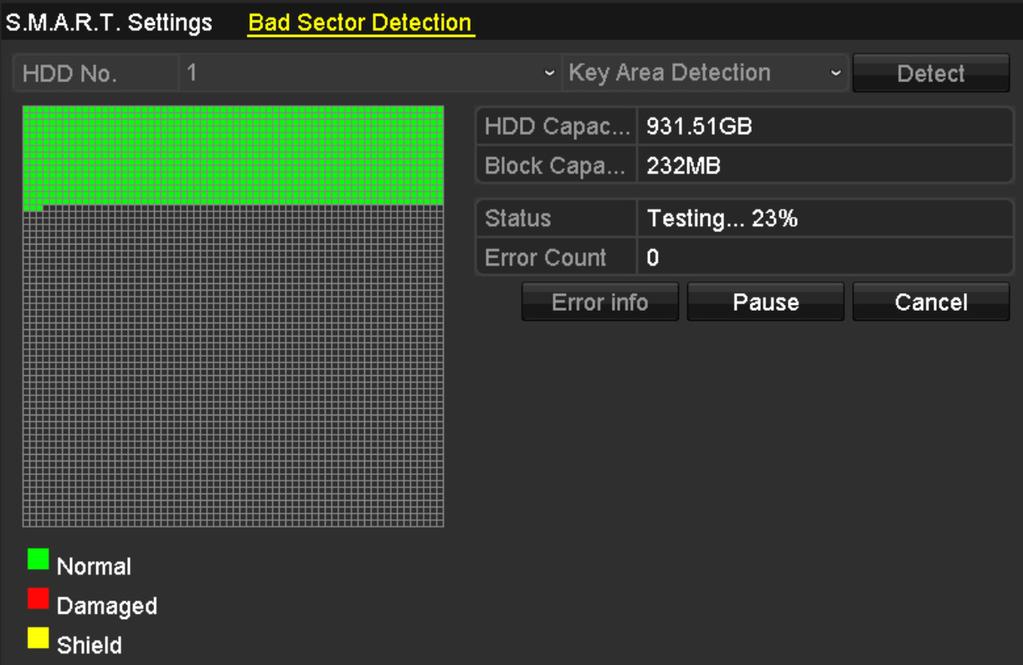 Obrázek 14 29 Detekce vadných sektorů Krok 4: Můžete kliknout na tlačítko Pause pro pozastavení detekce a kliknout na tlačítko Resume pro obnovení detekce.