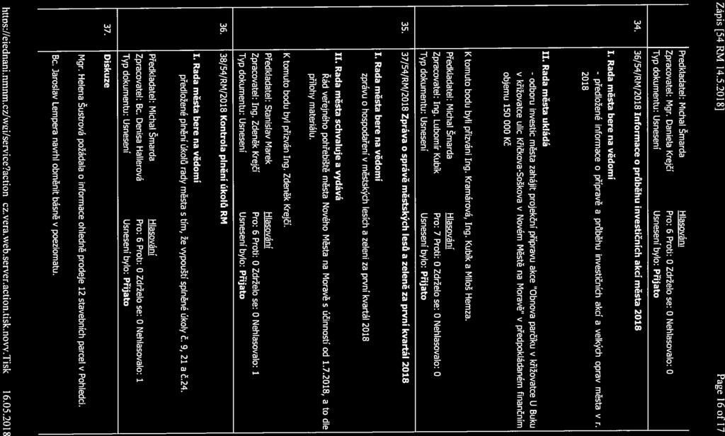 Zápis [54!RM/14.5.2018J Page 16 oř 17 Předkladatel: Michal Šmarda Zpracovatel: Mgr. Daniela Krejčí Pro: 6 Proti: O Zdrželo se: O Nehlasovalo: O 34.