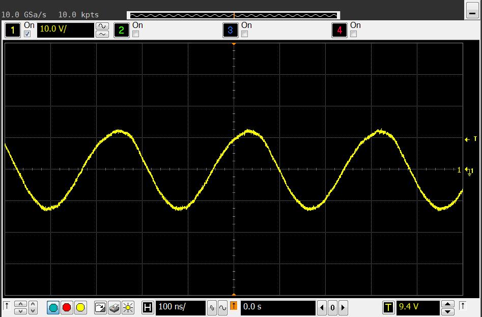 Obrázek 5.15 Výstupní průběh zesilovače s rezonančním obvodem na frekvenci 3,5 MHz. Obrázek 5.