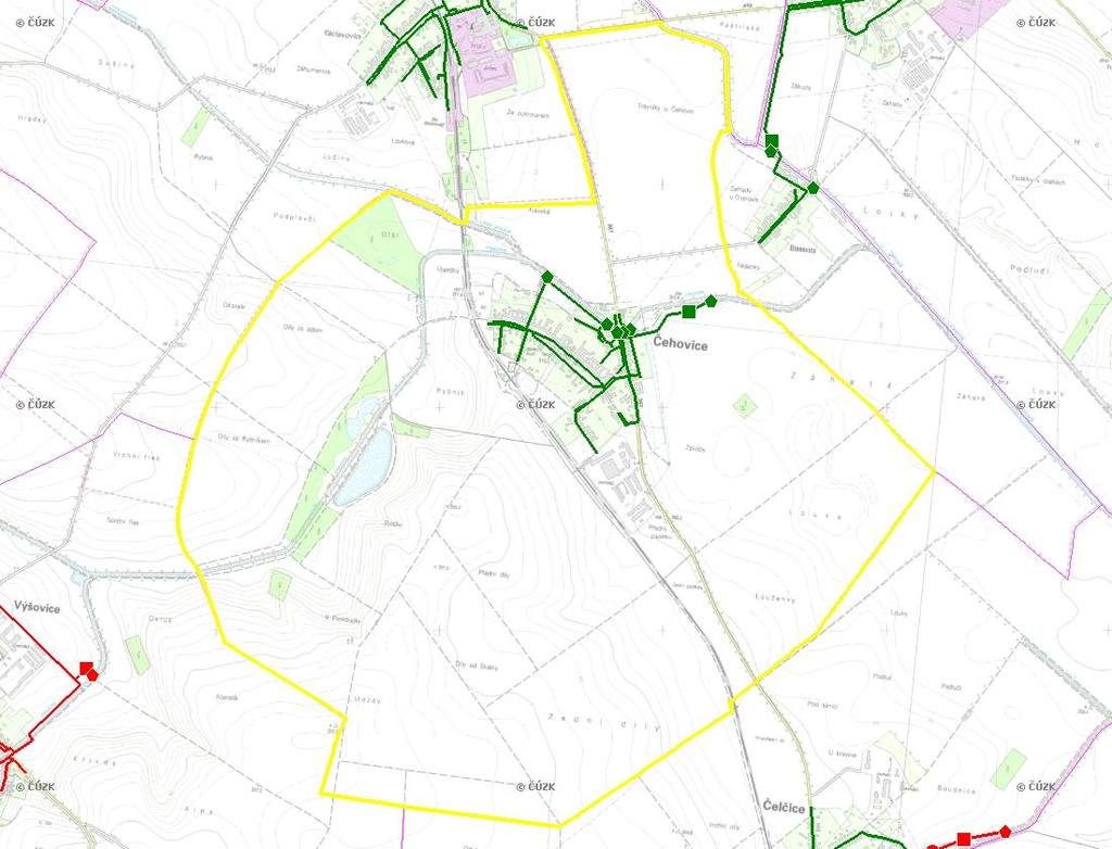 E. KANALIZACE A ČOV Mapa E1: Kanalizace - rozvody v obci Trasování sítí, lokalizace ČOV, čerpací stanice (ČS), výústě Obec: Čehovice Legenda: Kanalizace: Ochranné pásmo: Vyústění: do 2015 po 2015 I