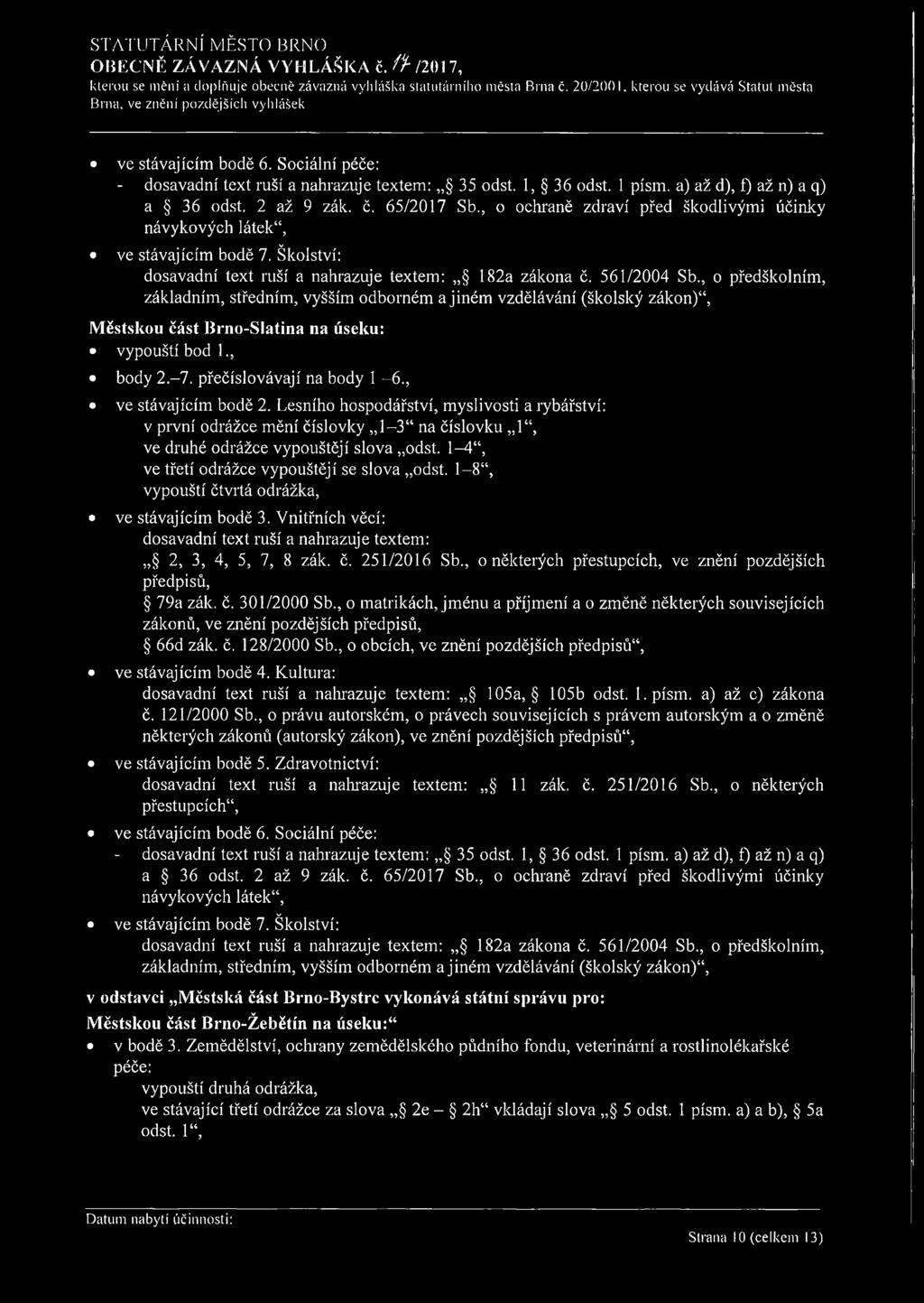 , o předškolním, základním, středním, vyšším odborném a jiném vzdělávání (školský zákon), M ěstskou část Brno-Slatina na úseku: vypouští bod 1., body 2.-7. přečíslovávají na body 1-6.