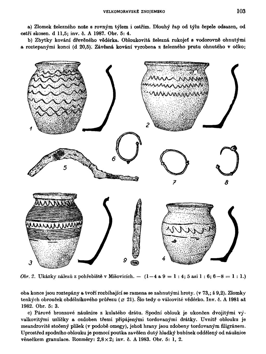 VELKOMORAVSKÉ ZNOJEMSKO 103 a) Zlomek železného nože s rovným týlem i ostřím. Dlouhý řap od týlu Čepele odsazen, od ostří skosen, d 11,5; inv. 6. A 1987. Obr. 5: 4. b) Zbytky kování dřevěného vědérka.