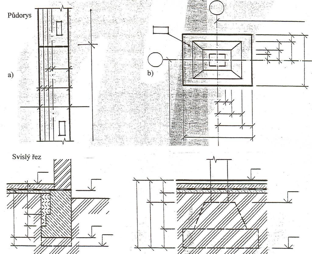 3.ZÁKLADY Základy se zobrazují na samostatném výkrese (půdorys, řez). Půdorys plošných základů se zobrazuje v pohledu shora (hornina ani zásypový materiál obklopující základ) se nekreslí.