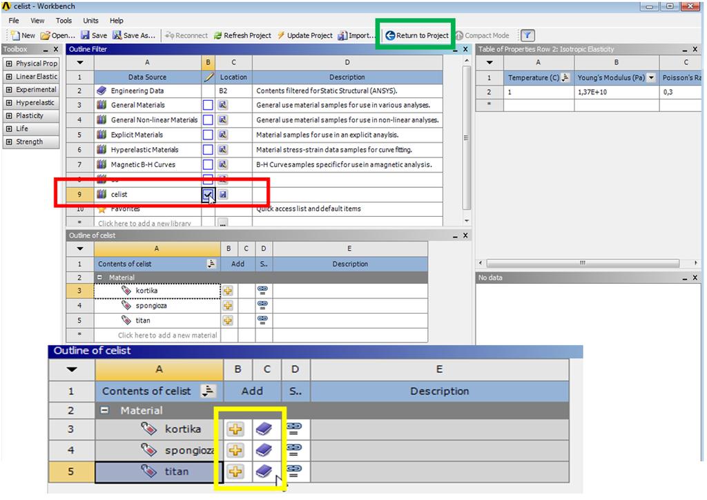 Po definování analýzy je nutné definovat modely materiálu - "Engineering Data". Momentálně je u této poloţky modrý otazník. Dvojklikem na tuto poloţku se dostaneme do okna definování dat (Obr. 5.34).