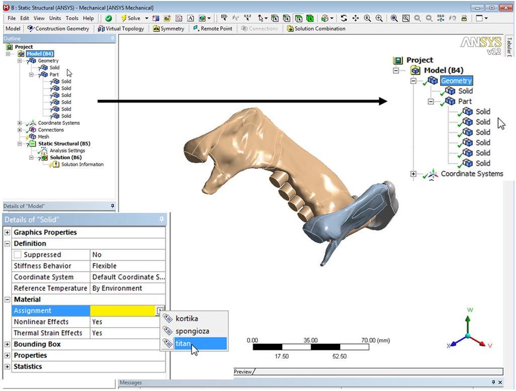 V prostředí analýzy je ve stromu událostí u poloţky "Geometry" modrý otazník, coţ znamená, ţe je potřeba kaţdému tělu přiřadit model materiálu.