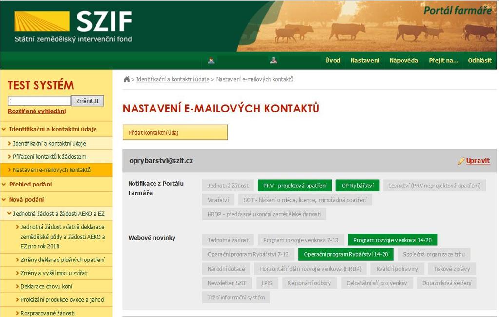 Nyní je u zeleně prosvícených polí aktivováno automatické zasílání notifikačních emailů z PF Nyní je u zeleně