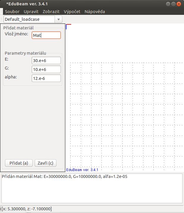 10 1 +40 K +20 K 2 +40 K +20 K 3 30 1.5 φ =0.006e-3 rad 6 4 5 1.5 [m, kn] 2.4 1.4 2 2 0.3 E=30 GPa 0.54 α=12. e-6 1/K Obrázek 1: Příklad prutové konstrukce pro analýzu. Obrázek 2: Zadání materiálu.