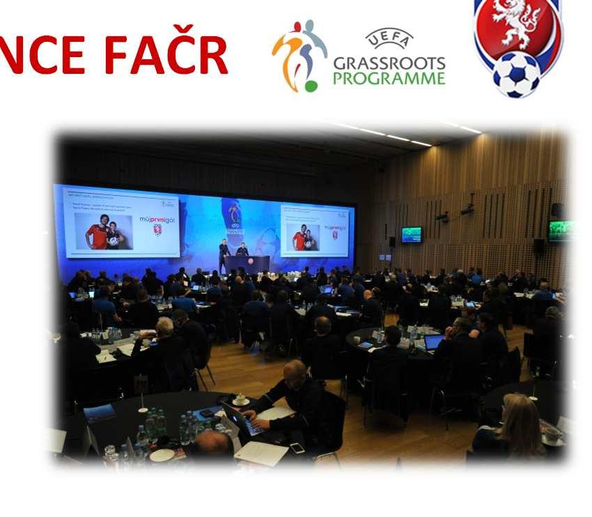 GRASSROOTS KONFERENCE FAČR Viz UEFA Grassroots Workshop (Lublaň 2016) Vždy 1x za 2 roky, 1 národní + 14 krajských Národní říjen 2016 (předseda, generální sekretář, výkonný výbor, STO, Komise mládeže,