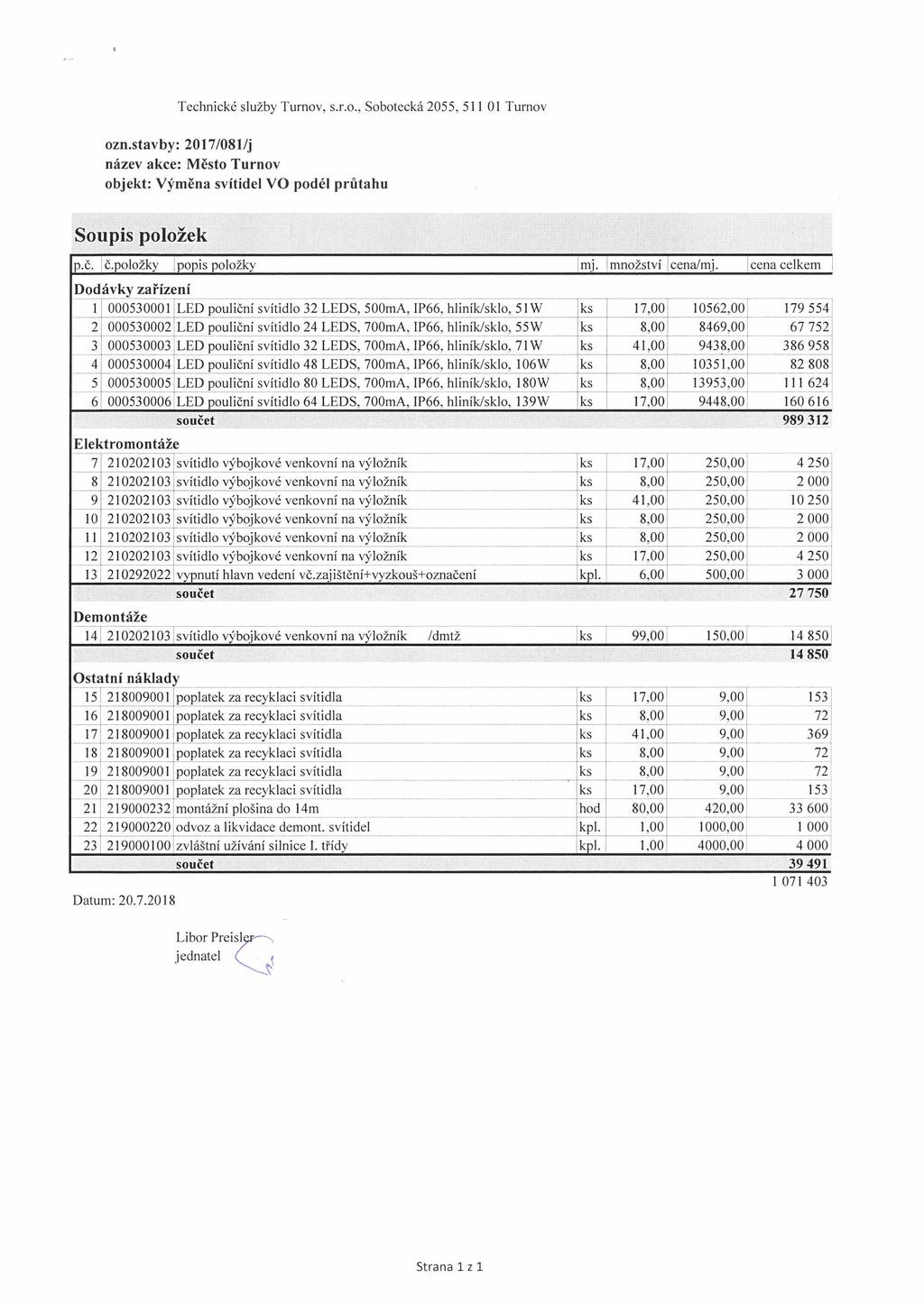 Technické služby Turnov, s.r.o., Sobotecká 2055, 511 01 Turnov ozn.stavby: 2017/081/j název akce: Město Turnov objekt: Výměna svítidel VO podél průtahu Soupis položek p.č. č.položky popis položky rnj.