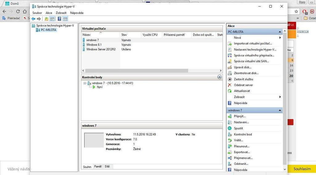 Obrázek 2: Hyper-V ve Windows 10 (Zdroj: vlastní) Hardwarová virtualizace Spouští virtualizovaný operační systém bez existujícího hostitelského systému.