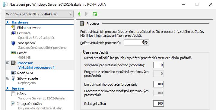 Obrázek 6: Nastavení procesorů v Hyper-V (Zdroj: vlastní) 4.4 Příprava SQL Serveru Systém Bakaláři umožňuje dva typy ukládání dat. Ve formě dbf. souborů nebo na SQL server.
