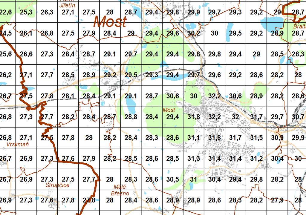 Obrázek 4: Pětiletá průměrná koncentrace částic PM10 na Mostecku r.