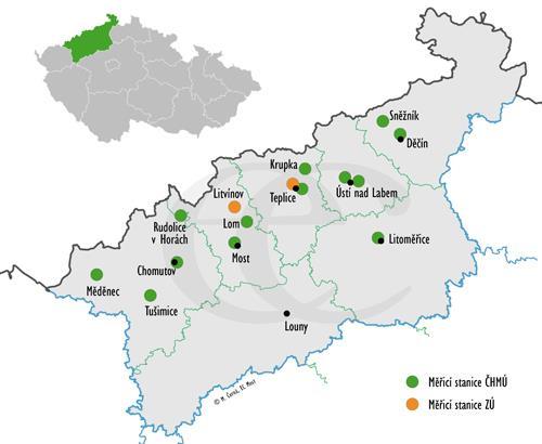 Přehled imisních stanic, ze kterých jsou data ECM stahována a vyhodnocována, je na obrázku č. 6.