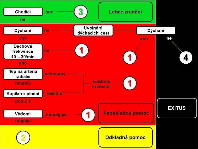 Obrázek 4 - Metoda třídění START (Zdroj: [21]) Po určení priority dvěma předešlými metodami je pacient přesouván ke stanovišti PNP, kde je lékař, který provádí přetřídění pomocí identifikační a