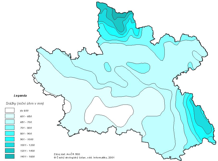 Obrázek 1: Srážkové úhrny na území KHK (ČEÚ) Klimatické poměry v KHK jsou velmi různorodé a vyplývají z výrazných výškových rozdílů v území.