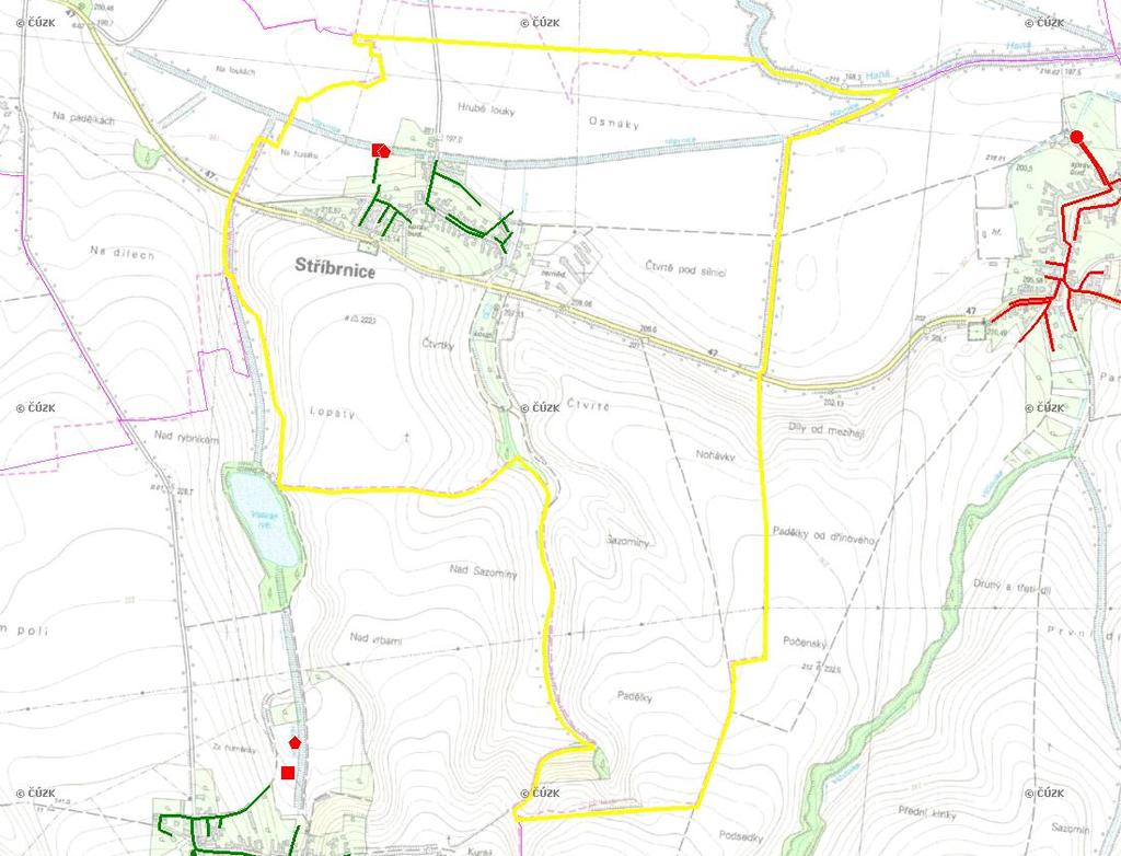 E. KANALIZACE A ČOV Mapa E1: Kanalizace - rozvody v obci Trasování sítí, lokalizace ČOV, čerpací stanice (ČS), výústě Obec: Stříbrnice Legenda: Kanalizace: Ochranné pásmo: Vyústění: do 2015 po 2015 I