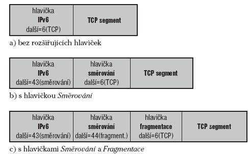 Obrázek 2: Zřetězení hlaviček datagramu [1] Pokud by směrovač musel procházet dlouhým řetězcem hlaviček, mohlo by dojít ke snížení jeho výkonu.