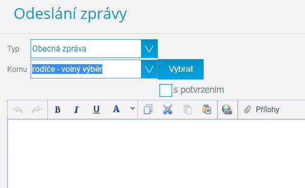 Zasílání zpráv Obecná zpráva Výběr adresáta pomocí Volný výběr Kliknutím na tlačítko Vybrat zobrazíte nové okno, kde můžete zaškrtnout adresáty v seznamu a kliknutím na tlačítko [>] je přidat do