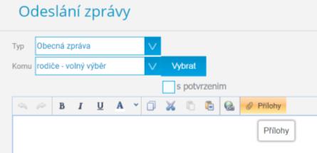 Zasílání zpráv Obecná zpráva Přidání přílohy V záhlaví zprávy kliknete na Přílohy a otevře se okno, do kterého