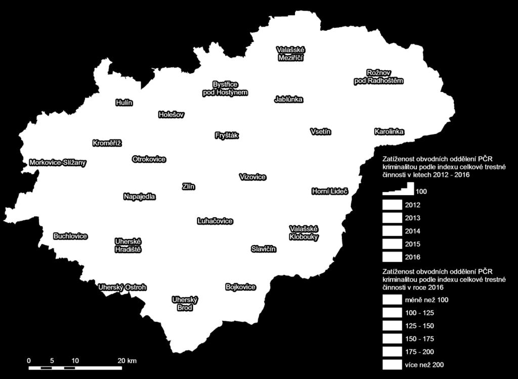 Mapa č. 1: Zatíženost obvodních oddělení PČR ve Zlínském kraji v letech 2012-2016 (dle indexu celkové TČ) Mapa č.