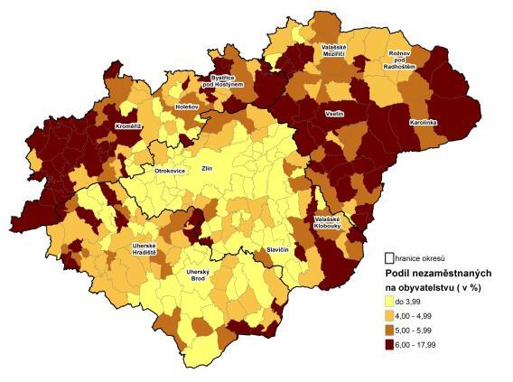 Mapa č. 8: Podíl nezaměstnaných na obyvatelstvu v obcích ZK (stav k 31.12.