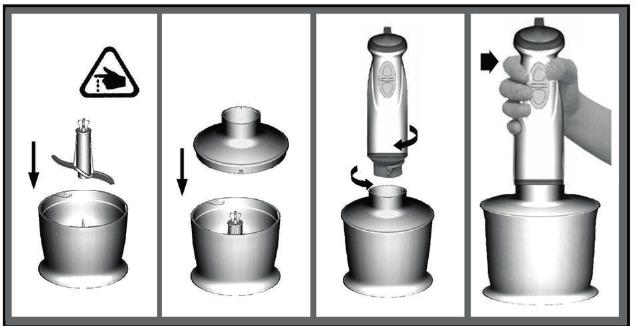 4) Place the blade gear box adapter P8 on the chopper bowl. 5) Turn the motor unit on the chopping bowl lid until it locks. 6) Press switch 1 or 2 to operate the chopper.