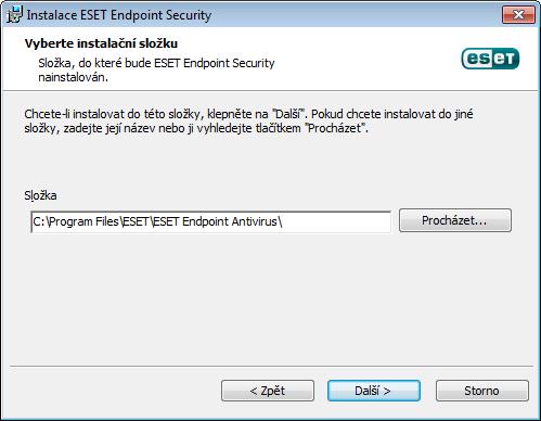 Standardně se program instaluje do složky: C:\Program Files\ESET\ESET Endpoint Security\ Složku je možné změnit prostřednictvím tlačítka Procházet... (nedoporučuje se).