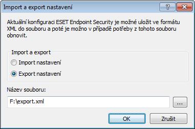 5.2 Import a export nastavení Import a export nastavení ESET Endpoint Security je přístupný v části Nastavení. Import a export nastavení využívá soubory typu XML.