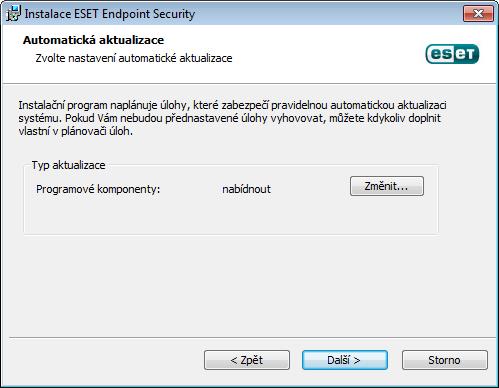 Následujícím krokem instalace je nastavení automatické aktualizace programových komponent (PCU). Pomocí tlačítka Změnit.