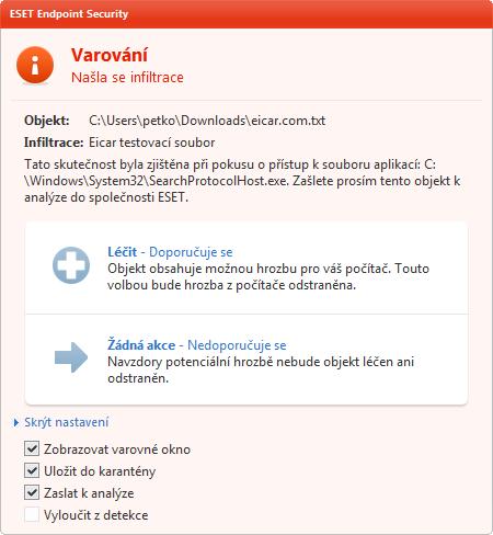Poznámka: Pokud je soubor s infiltrací výhradně otevřen jinou aplikací nebo systémovým procesem, může nastat situace, kdy nebude vymazán okamžitě, ale až po restartu počítače.