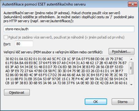 odpovídající privátnímu klíči serveru (viz kapitola Autentifikace zóny - nastavení serverové části). Jméno serveru je možné zadat jako IP adresu nebo jména (DNS nebo NetBios jméno).