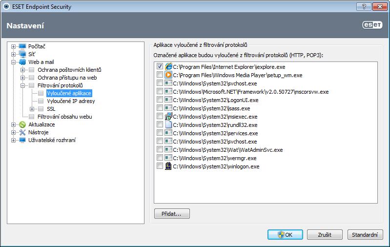 4.3.4.1 Web/ mail klienti Poznámka: Na systémech Windows Vista se Service Packem 1 a Windows server 2008 je použit odlišný způsob kontroly komunikace (je využita nová architektura Windows Filtering