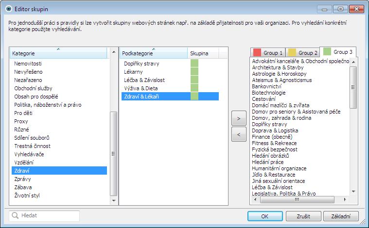 4.4.3 Editor skupin Okno editoru skupin je rozděleno na dvě části. Pravá část okna obsahuje seznam kategorii a podkategorii. Po kliknutí na kategorii se zobrazí její podkategorie.